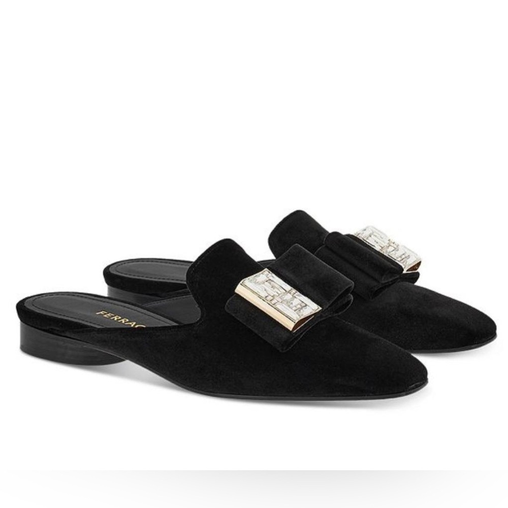 Ferragamo Lea Double Bow Slip On Mules in Nero - NWT